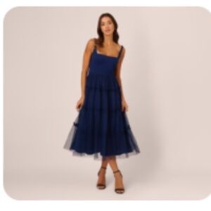 Adrianna Papell Sleeveless Midi Dress With Square Neck, Tiered Skirt - Navy
